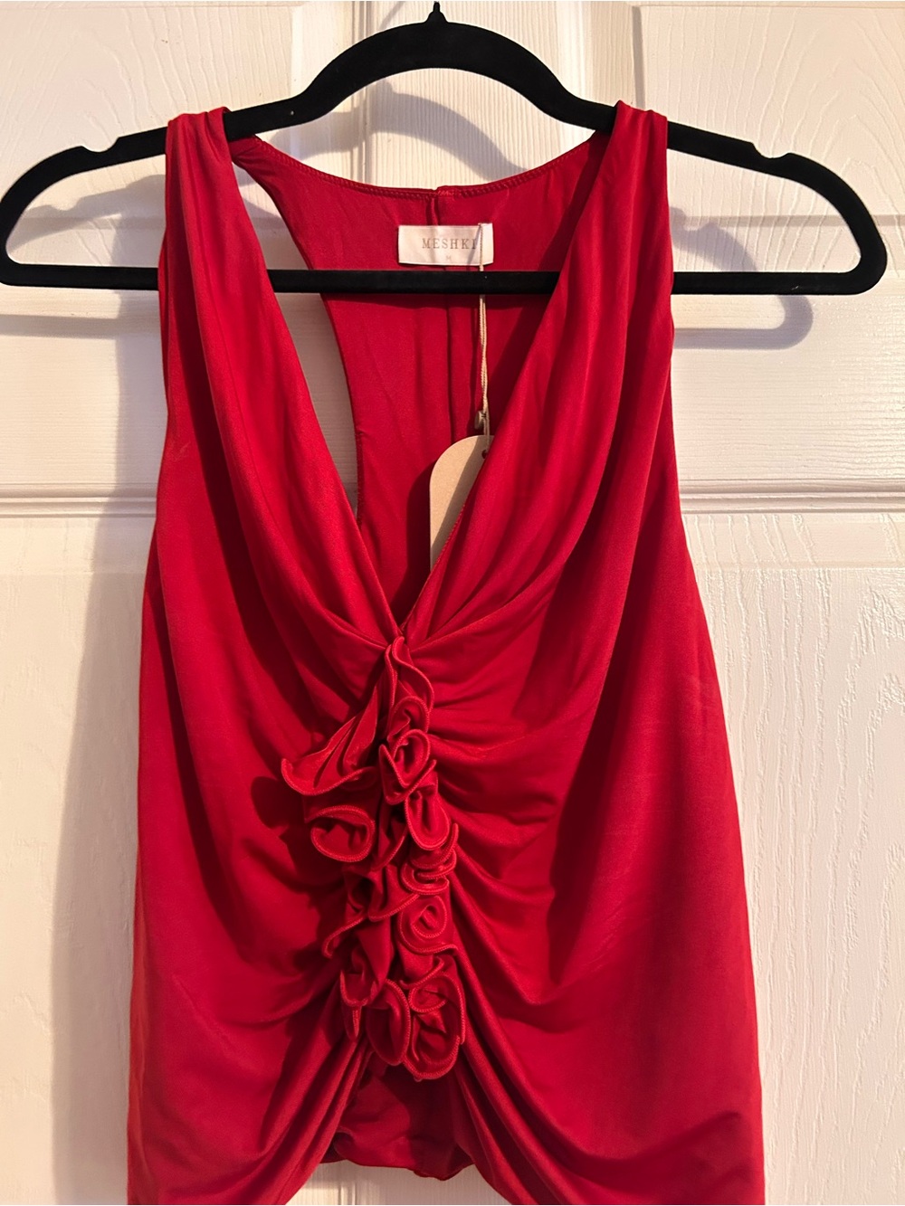 Meshki Red Halter Slinky Ruffled Top - Picture 2 of 4